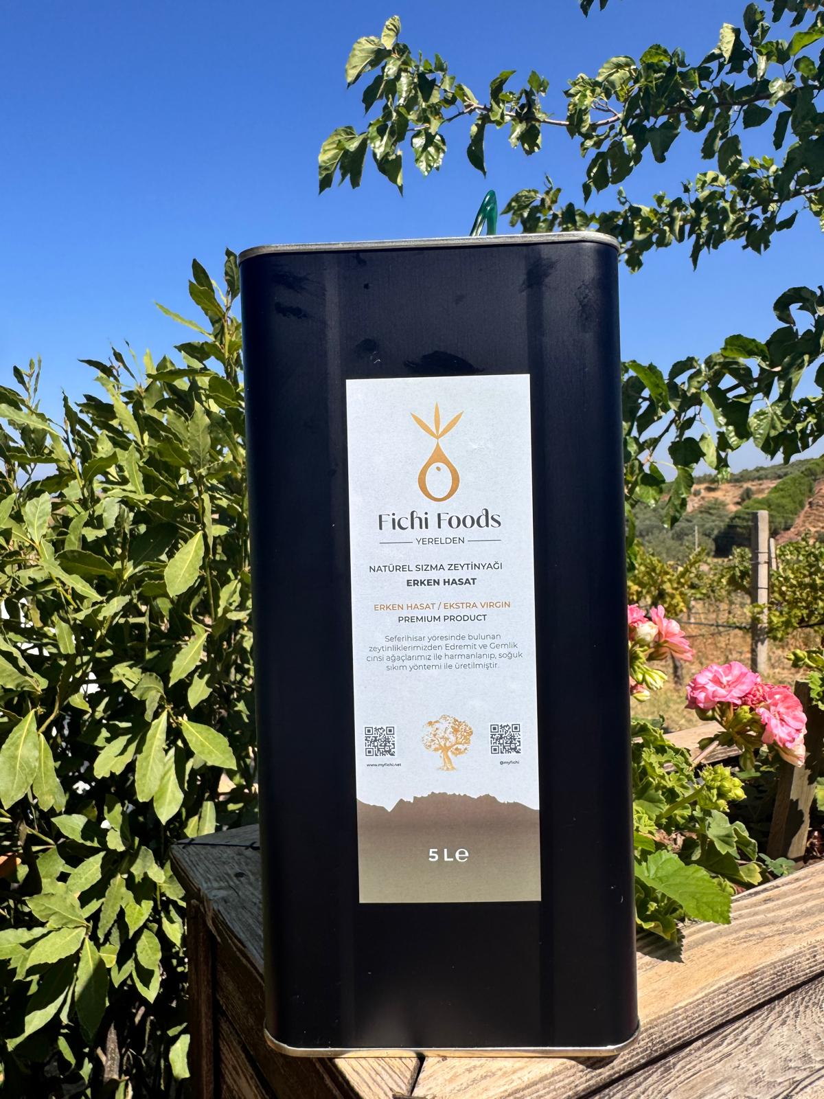 Fichi Foods Erken Hasat Natürel Sızma Zeytinyağı 5 L siyah teneke